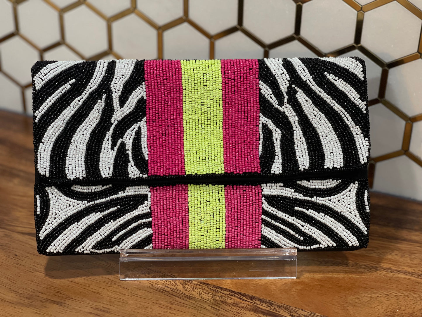 ZEBRA PRINT BEADED CLUTCH W/ PINK AND GREEN STRIPES