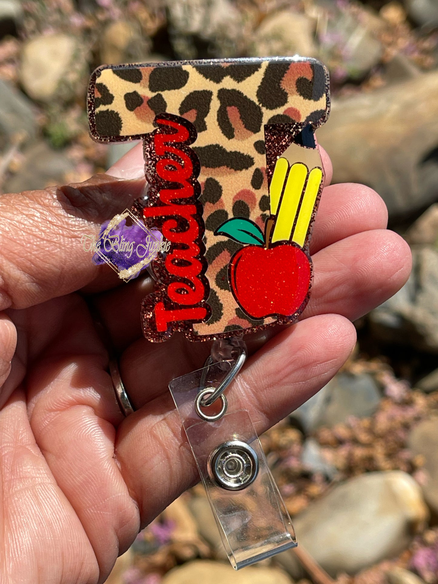 Leopard Teacher Monogram Badge Reel